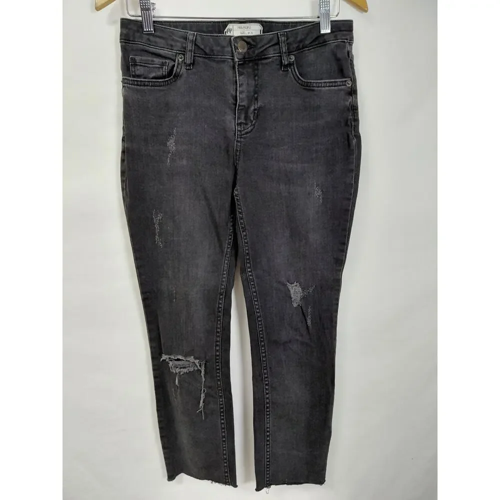 Free People Dark Wash Distressed Raw Hem Stretch Denim Jeans Women Size 26